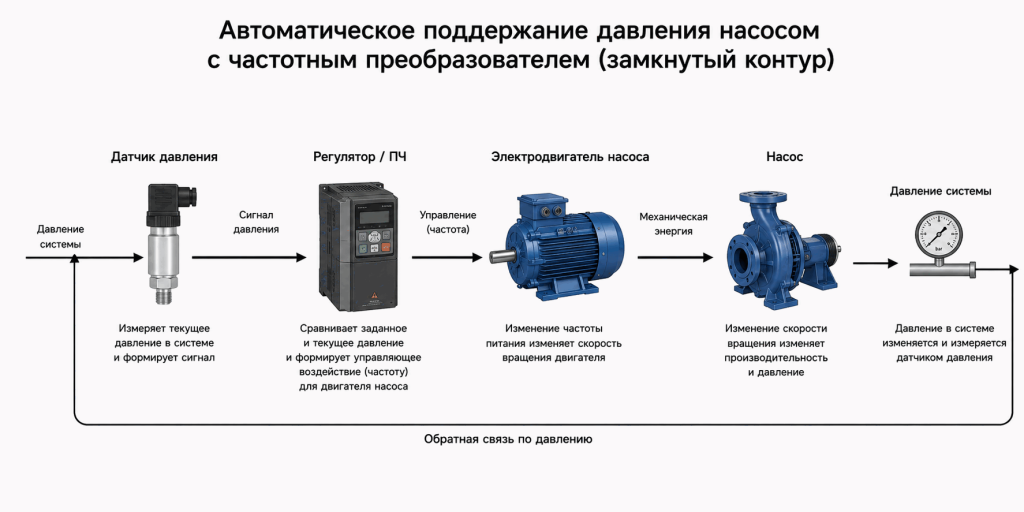 Схема автоматического поддержания давления насосом с частотным преобразователем, датчиком давления и обратной связью Схема автоматического поддержания давления насосом с частотным преобразователем, датчиком давления и обратной связью
