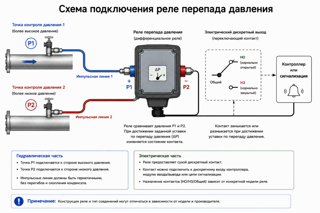 Схема подключения реле перепада давления с точками P1 и P2, импульсными линиями и дискретным выходом к контроллеру Схема подключения реле перепада давления с точками P1 и P2, импульсными линиями и дискретным выходом к контроллеру