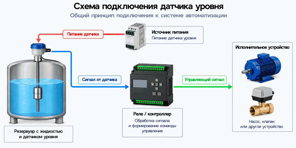 Схема подключения датчика уровня к реле или контроллеру и исполнительному устройству с отдельной линией питания датчика Схема подключения датчика уровня к реле или контроллеру и исполнительному устройству с отдельной линией питания датчика