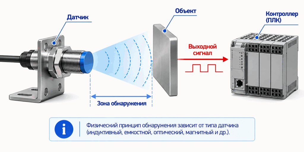 Принцип обнаружения объекта бесконтактным датчиком без механического контакта Принцип обнаружения объекта бесконтактным датчиком без механического контакта
