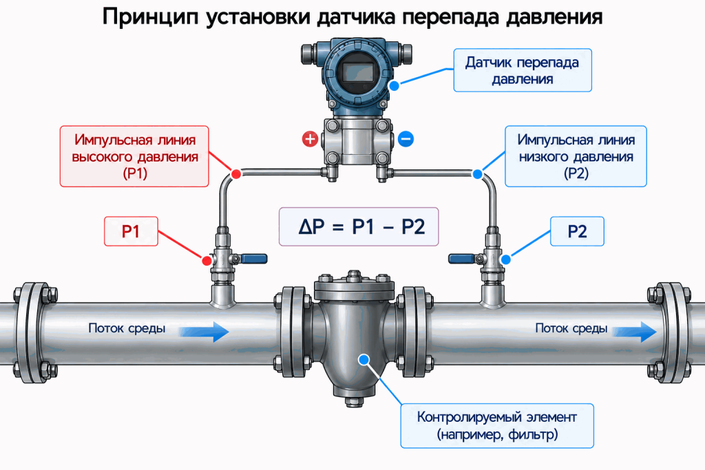 Схема установки датчика перепада давления Схема установки датчика перепада давления