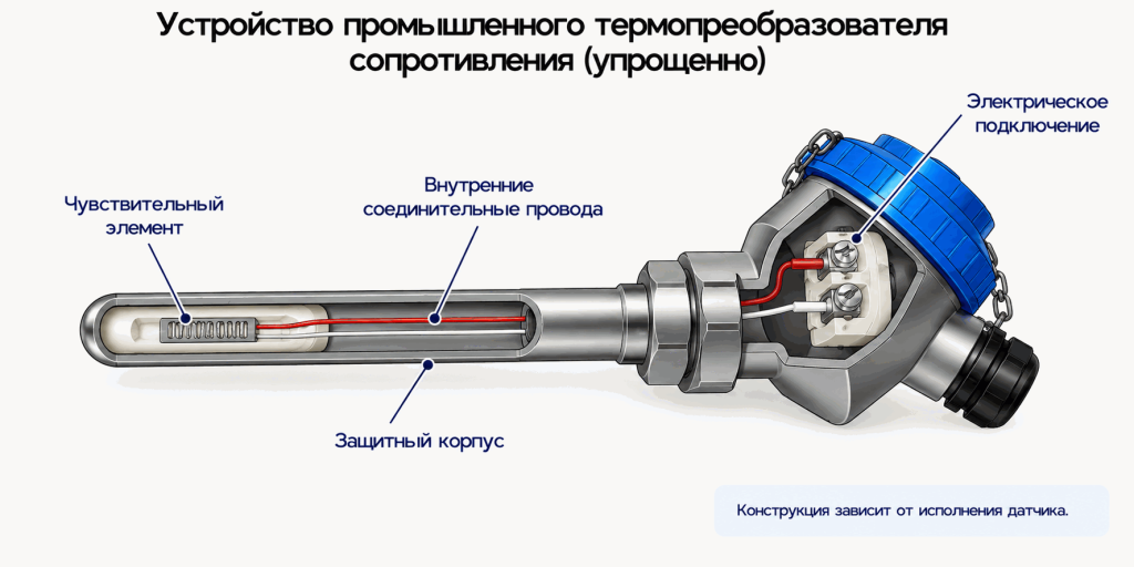 Устройство термопреобразователя сопротивления с чувствительным элементом и соединительными проводами