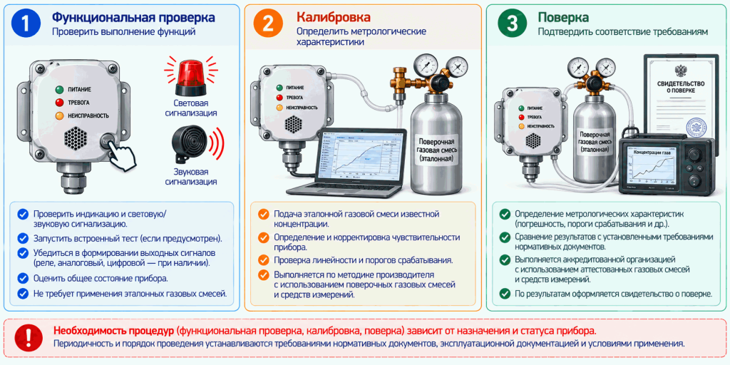 Сравнение функциональной проверки, калибровки и поверки датчиков газа Сравнение функциональной проверки, калибровки и поверки датчиков газа
