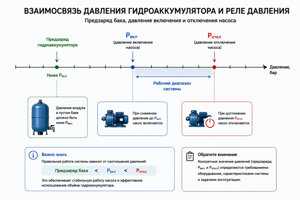 Схема взаимосвязи предзаряда гидроаккумулятора, давления включения Pвкл и отключения Pоткл насоса