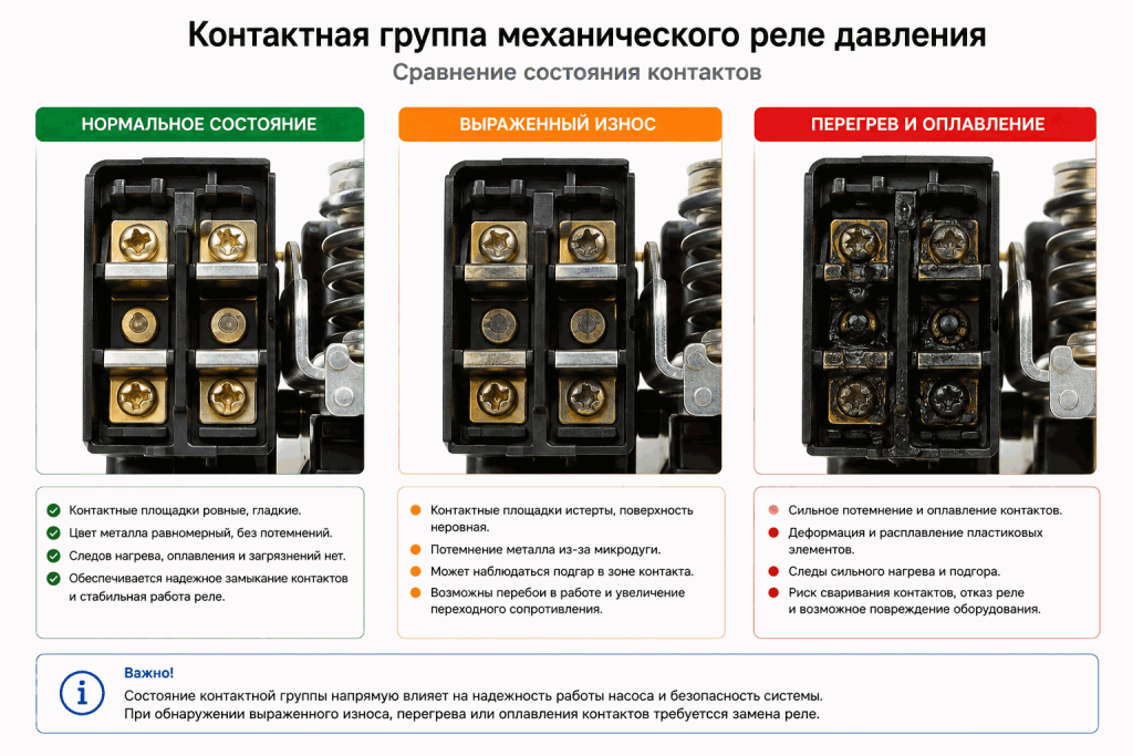 Сравнение состояния контактов механического реле давления: нормальные, изношенные, перегретые и оплавленные контакты Сравнение состояния контактов механического реле давления: нормальные, изношенные, перегретые и оплавленные контакты