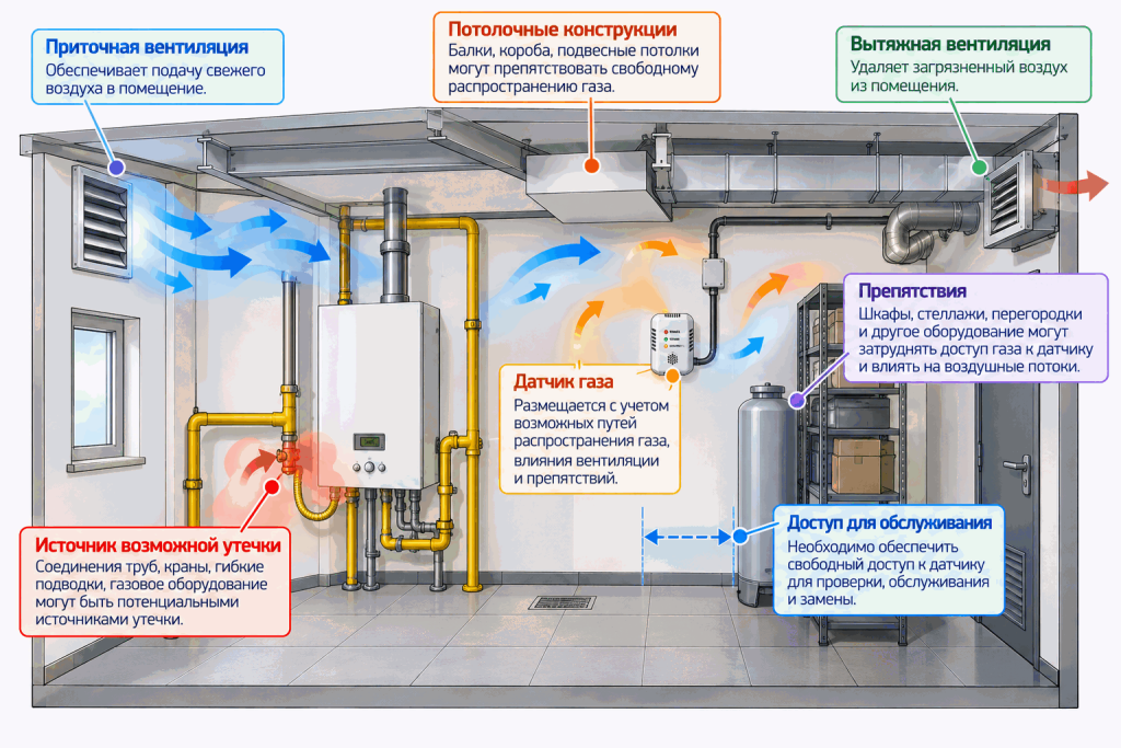 Факторы выбора места установки датчика газа в помещении Факторы выбора места установки датчика газа в помещении