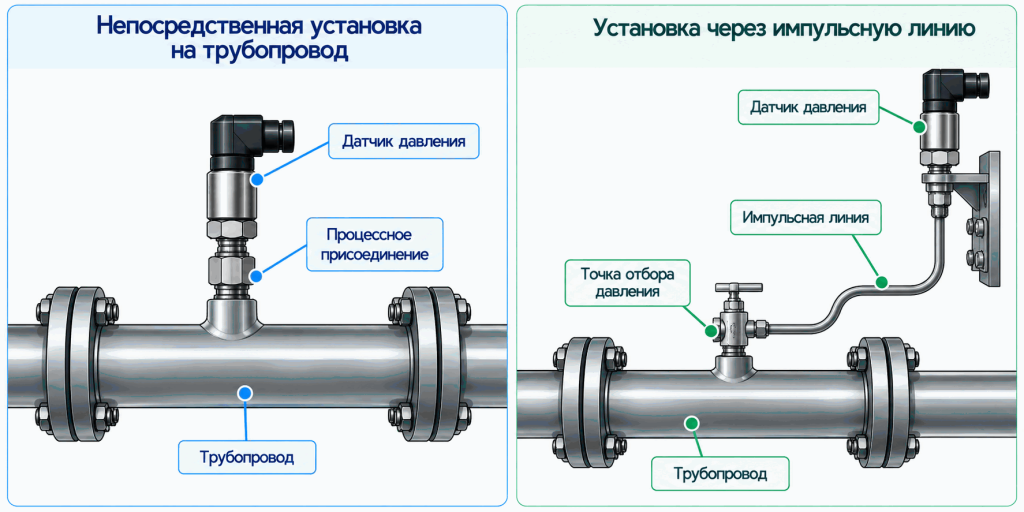 Непосредственная установка датчика давления и монтаж через импульсную линию Непосредственная установка датчика давления и монтаж через импульсную линию