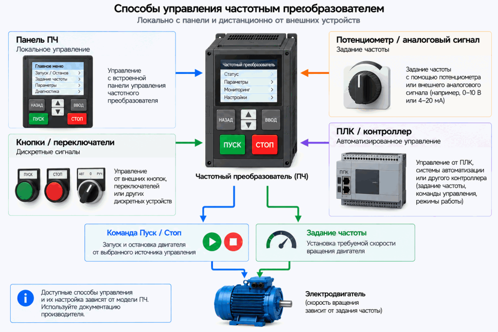 Способы управления частотным преобразователем с панели, внешних кнопок, потенциометра, аналогового сигнала и ПЛК