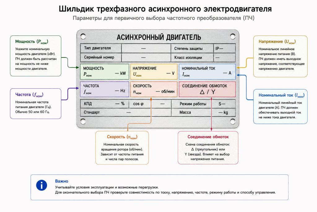 Шильдик трехфазного асинхронного двигателя с параметрами для выбора частотного преобразователя: мощность, напряжение, ток, частота, скорость и соединение обмоток Шильдик трехфазного асинхронного двигателя с параметрами для выбора частотного преобразователя: мощность, напряжение, ток, частота, скорость и соединение обмоток