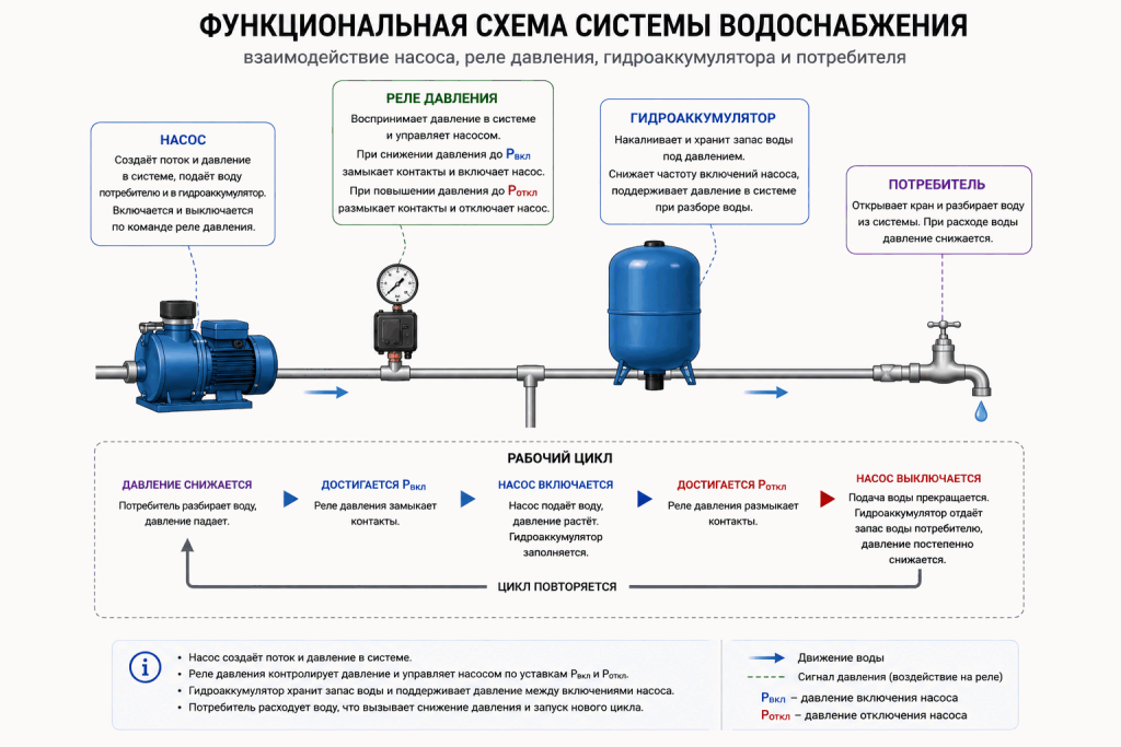 Функциональная схема работы насоса, реле давления, гидроаккумулятора и потребителя с циклом Pвкл и Pоткл Функциональная схема работы насоса, реле давления, гидроаккумулятора и потребителя с циклом Pвкл и Pоткл