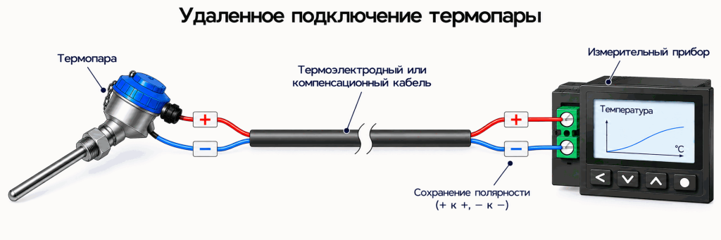Схема удлинения термопары с помощью термоэлектродного или компенсационного кабеля Схема удлинения термопары с помощью термоэлектродного или компенсационного кабеля