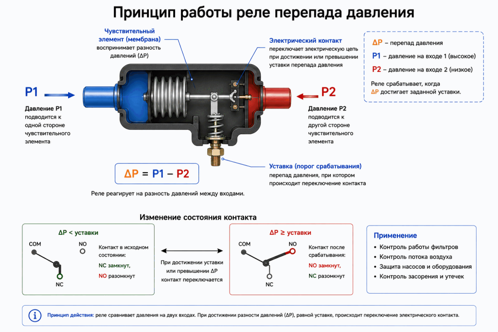 Принцип работы реле перепада давления с давлениями P1 и P2, чувствительным элементом, уставкой и переключающим контактом Принцип работы реле перепада давления с давлениями P1 и P2, чувствительным элементом, уставкой и переключающим контактом