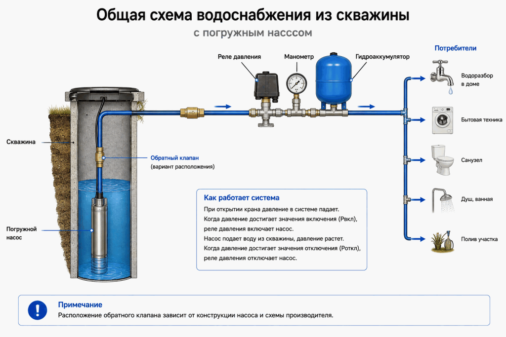 Схема водоснабжения из скважины с погружным насосом, обратным клапаном, реле давления, манометром и гидроаккумулятором Схема водоснабжения из скважины с погружным насосом, обратным клапаном, реле давления, манометром и гидроаккумулятором