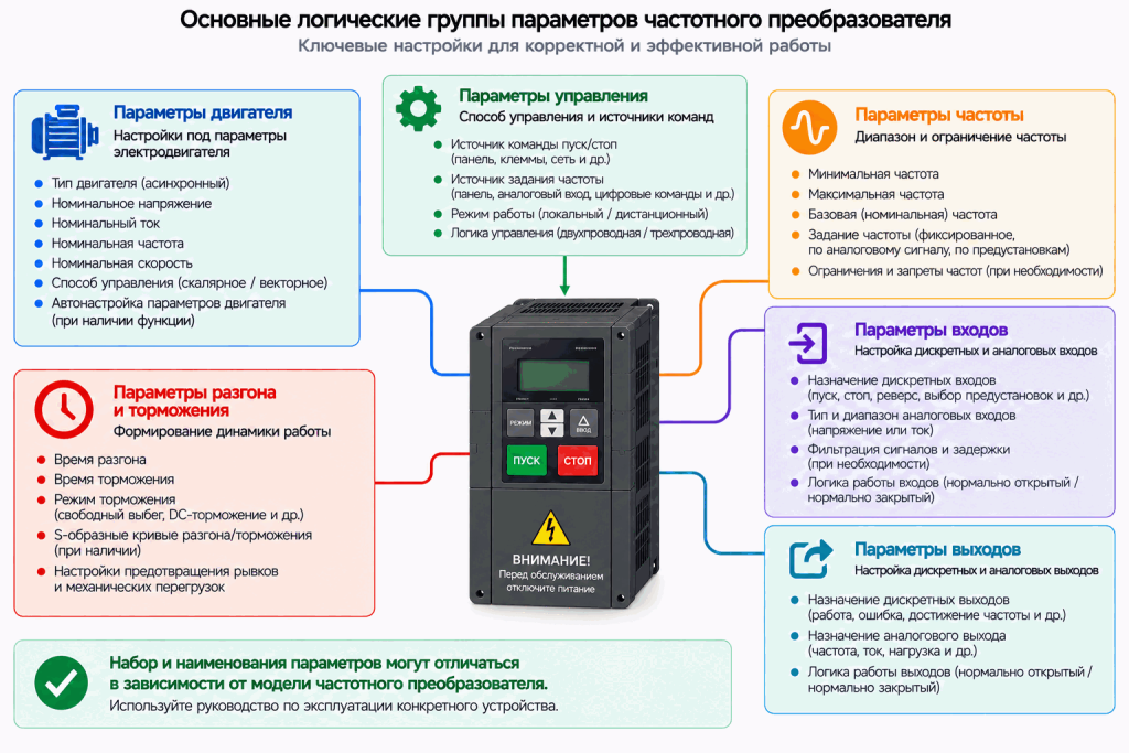 Основные группы параметров частотного преобразователя: двигатель, управление, частота, разгон и торможение, входы и выходы Основные группы параметров частотного преобразователя: двигатель, управление, частота, разгон и торможение, входы и выходы