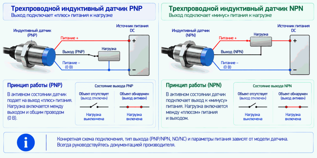 Схемы подключения индуктивных датчиков с выходами PNP и NPN Схемы подключения индуктивных датчиков с выходами PNP и NPN