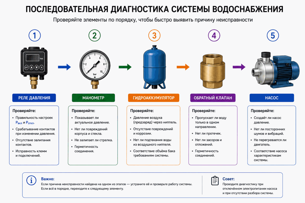 Последовательная диагностика системы водоснабжения: проверка реле давления, манометра, гидроаккумулятора, обратного клапана и насоса Последовательная диагностика системы водоснабжения: проверка реле давления, манометра, гидроаккумулятора, обратного клапана и насоса