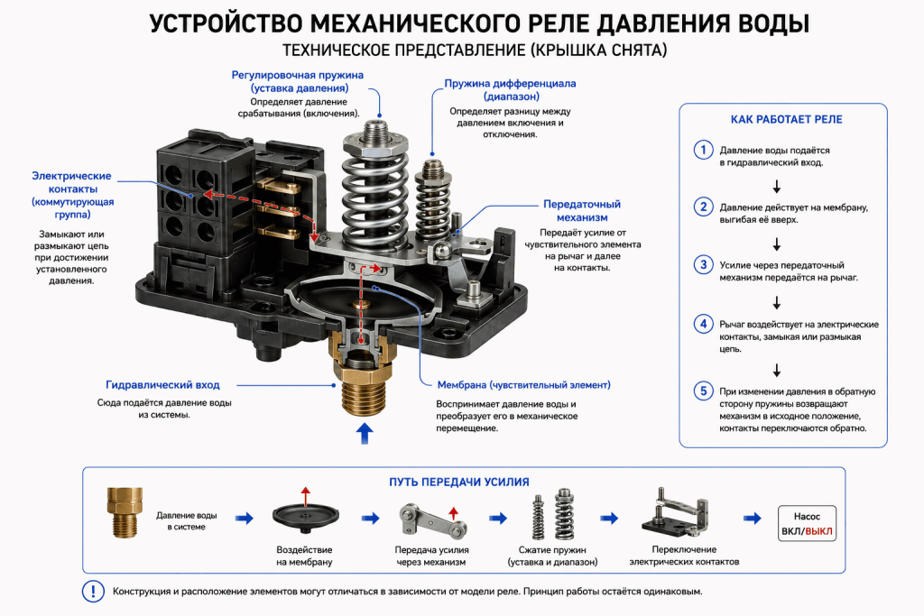 Устройство механического реле давления воды: мембрана, гидравлический вход, пружины, передаточный механизм и электрические контакты Устройство механического реле давления воды: мембрана, гидравлический вход, пружины, передаточный механизм и электрические контакты