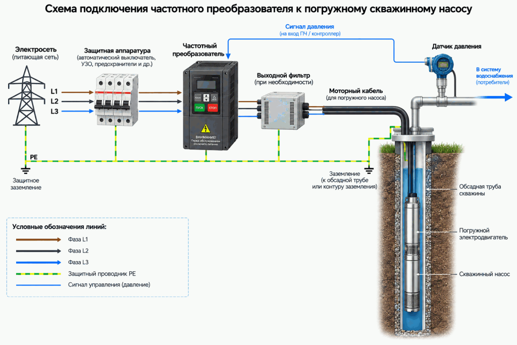 Схема подключения частотного преобразователя к погружному скважинному насосу с моторным кабелем, датчиком давления и выходным фильтром Схема подключения частотного преобразователя к погружному скважинному насосу с моторным кабелем, датчиком давления и выходным фильтром