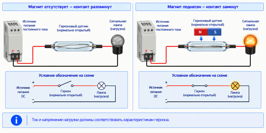 Схема подключения двухпроводного герконового датчика с нормально открытым контактом