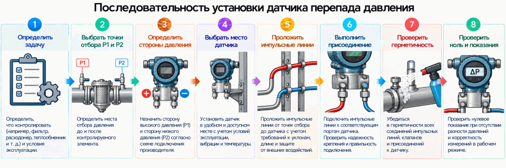 Последовательность установки датчика перепада давления Последовательность установки датчика перепада давления