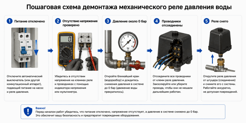 Пошаговая схема безопасного демонтажа механического реле давления воды после отключения питания и сброса давления