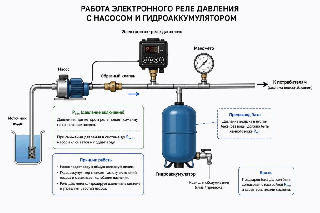 Схема электронного реле давления с насосом и гидроаккумулятором с обозначением Pвкл и предзаряда бака