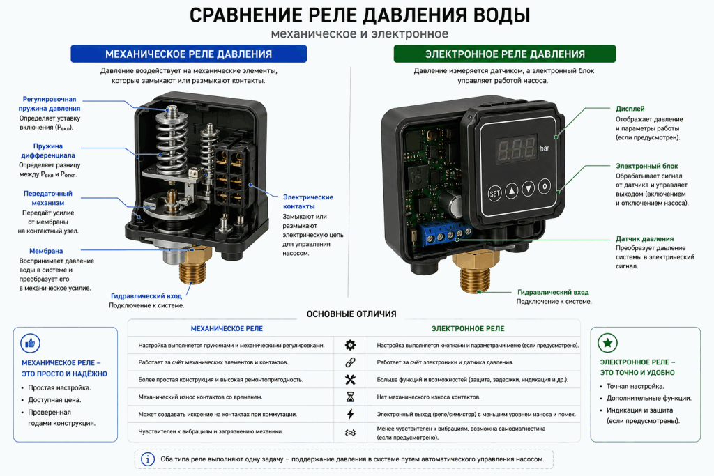 Сравнение механического и электронного реле давления воды: пружинный механизм и контакты, датчик давления и электронный блок Сравнение механического и электронного реле давления воды: пружинный механизм и контакты, датчик давления и электронный блок