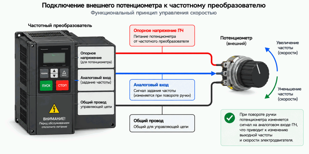 Схема подключения внешнего потенциометра к частотному преобразователю через опорное напряжение, аналоговый вход и общий провод Схема подключения внешнего потенциометра к частотному преобразователю через опорное напряжение, аналоговый вход и общий провод