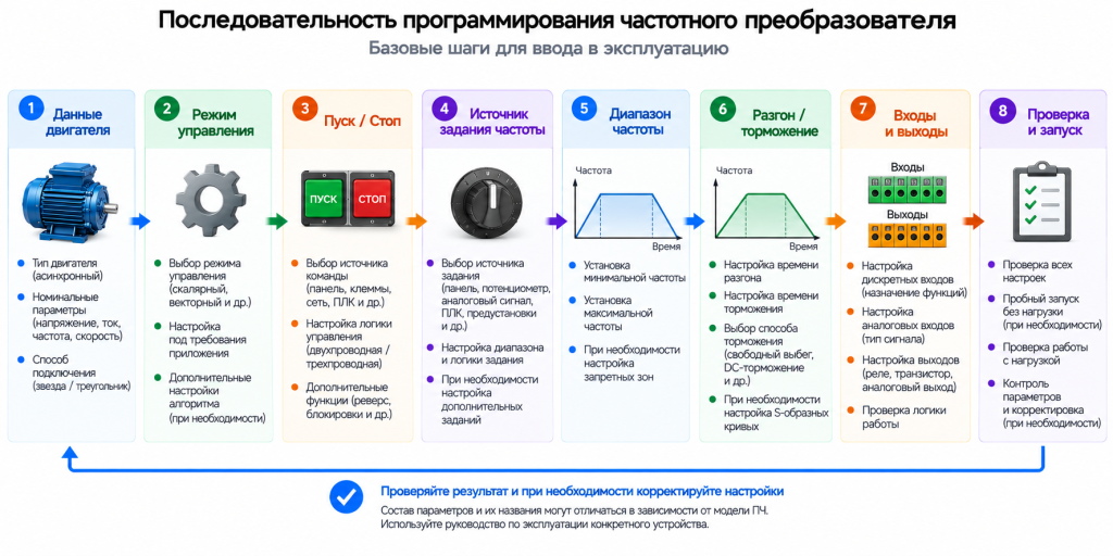 Последовательность программирования частотного преобразователя: параметры двигателя, режим управления, Пуск/Стоп, задание частоты, разгон и торможение, входы и выходы Последовательность программирования частотного преобразователя: параметры двигателя, режим управления, Пуск/Стоп, задание частоты, разгон и торможение, входы и выходы