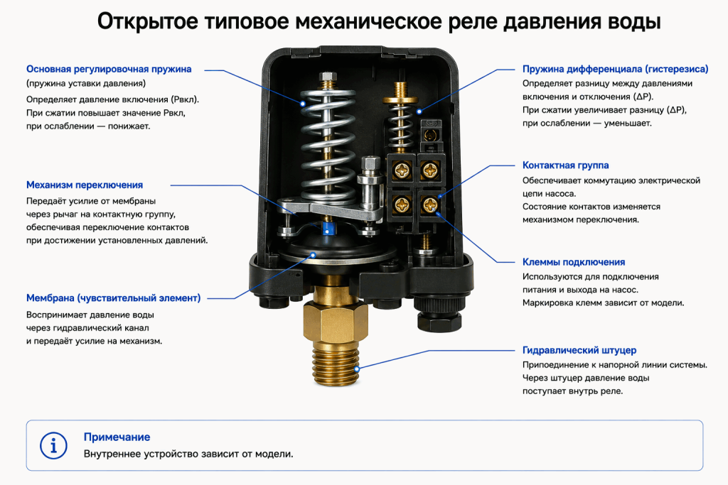 Открытое механическое реле давления воды с регулировочными пружинами, механизмом переключения, контактами, клеммами и гидравлическим штуцером