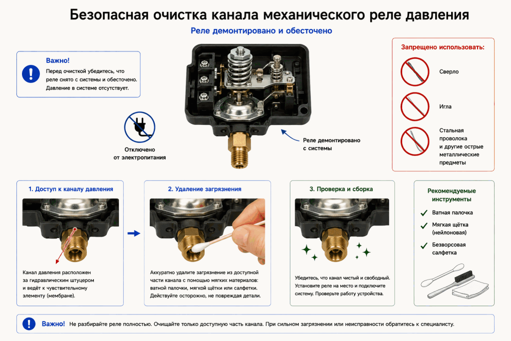 Безопасная очистка канала механического реле давления после демонтажа и обесточивания без использования острых металлических инструментов