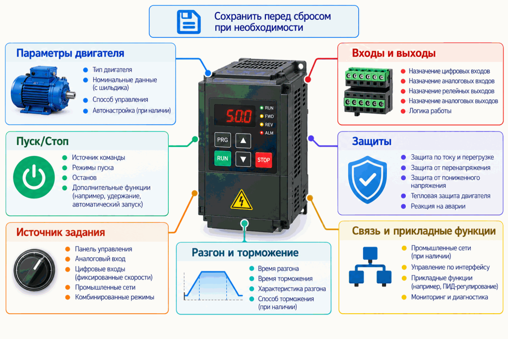 Параметры частотного преобразователя перед заводским сбросом Параметры частотного преобразователя перед заводским сбросом