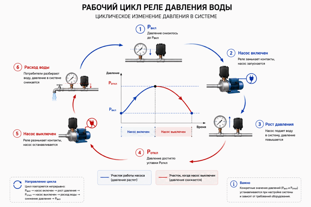 Рабочий цикл реле давления воды от Pвкл до Pоткл с периодами работы и остановки насоса Рабочий цикл реле давления воды от Pвкл до Pоткл с периодами работы и остановки насоса