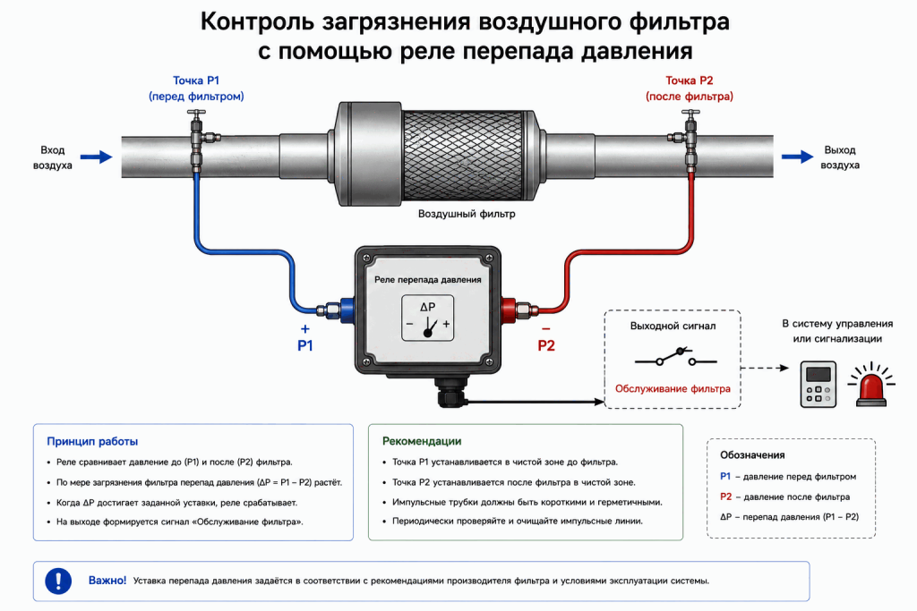 Схема контроля загрязнения воздушного фильтра реле перепада давления с точками P1 до фильтра и P2 после фильтра Схема контроля загрязнения воздушного фильтра реле перепада давления с точками P1 до фильтра и P2 после фильтра