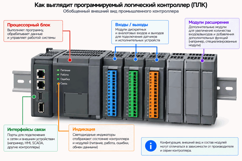 Как выглядит программируемый логический контроллер: процессорный блок, входы и выходы, интерфейсы связи, индикация и модули расширения Как выглядит программируемый логический контроллер: процессорный блок, входы и выходы, интерфейсы связи, индикация и модули расширения