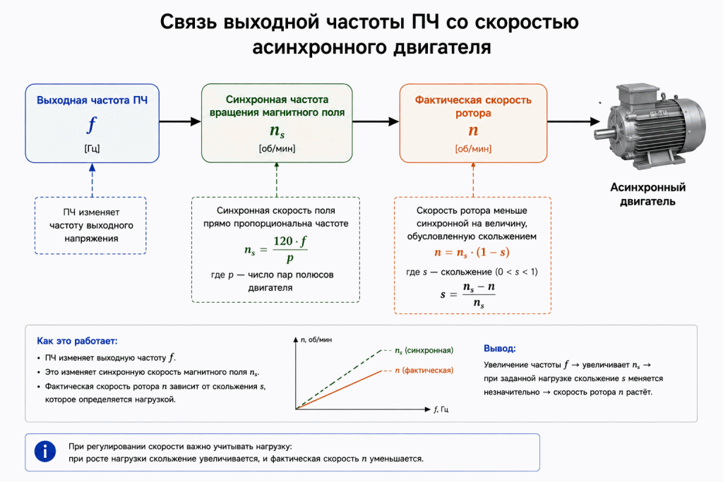 Связь выходной частоты частотного преобразователя с синхронной скоростью магнитного поля и фактической скоростью ротора асинхронного двигателя Связь выходной частоты частотного преобразователя с синхронной скоростью магнитного поля и фактической скоростью ротора асинхронного двигателя