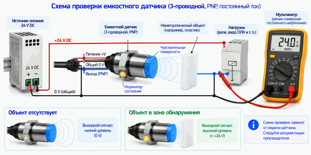 Проверка выходного сигнала емкостного PNP-датчика мультиметром Проверка выходного сигнала емкостного PNP-датчика мультиметром