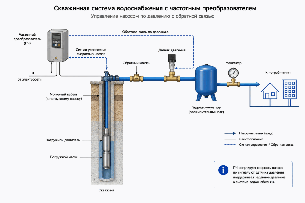 Схема скважинной системы водоснабжения с частотным преобразователем, погружным насосом, датчиком давления и обратной связью