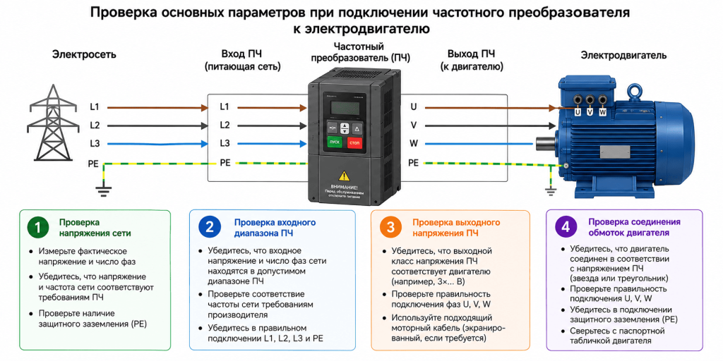 Схема подключения частотного преобразователя к электродвигателю с проверкой напряжения сети, параметров входа и выхода ПЧ и соединения обмоток двигателя Схема подключения частотного преобразователя к электродвигателю с проверкой напряжения сети, параметров входа и выхода ПЧ и соединения обмоток двигателя