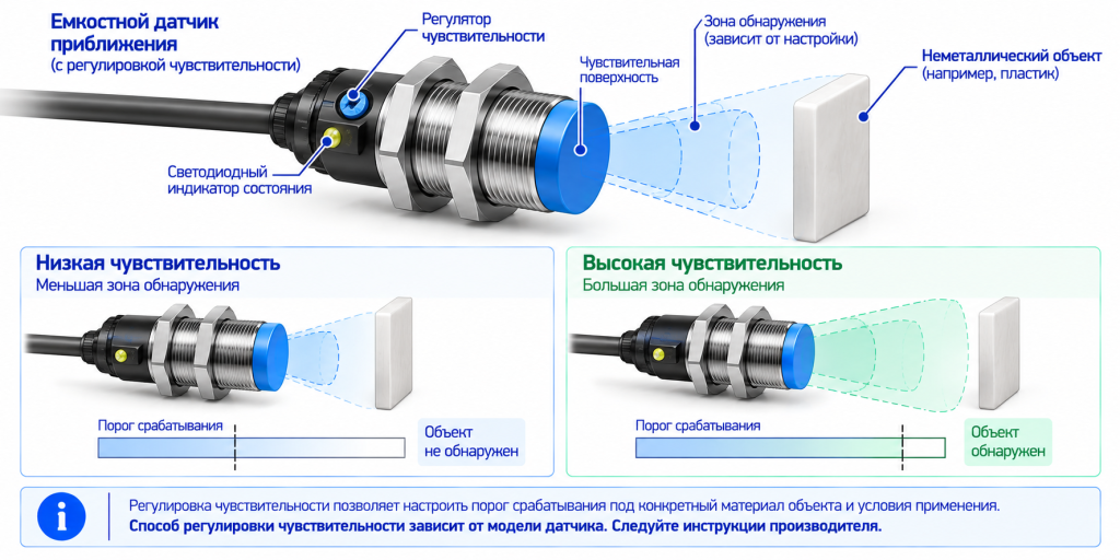 Регулировка чувствительности емкостного датчика с помощью встроенного регулятора Регулировка чувствительности емкостного датчика с помощью встроенного регулятора