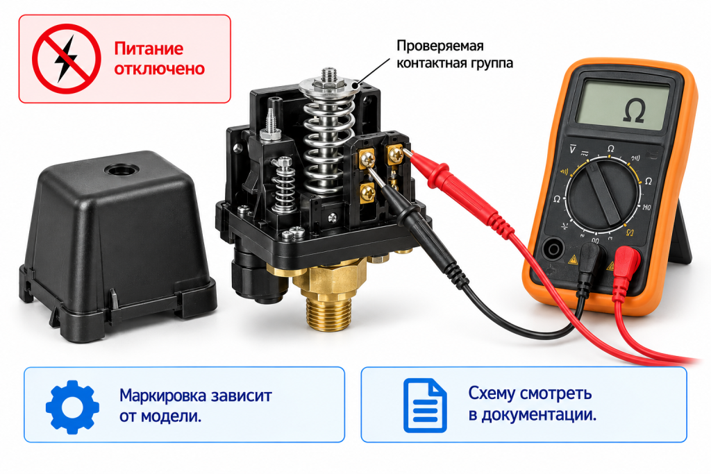 Проверка контактов реле давления мультиметром Проверка контактов реле давления мультиметром