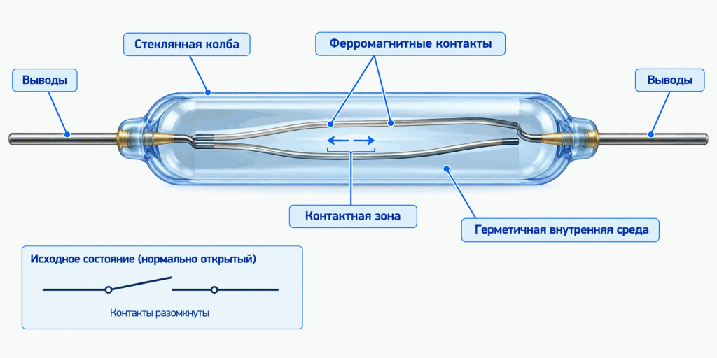 Устройство геркона со стеклянной колбой, ферромагнитными контактами и электрическими выводами