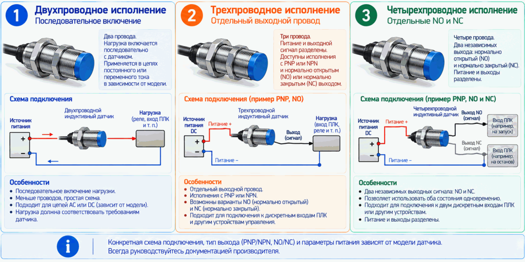 Сравнение схем подключения двух-, трех- и четырехпроводных индуктивных датчиков Сравнение схем подключения двух-, трех- и четырехпроводных индуктивных датчиков
