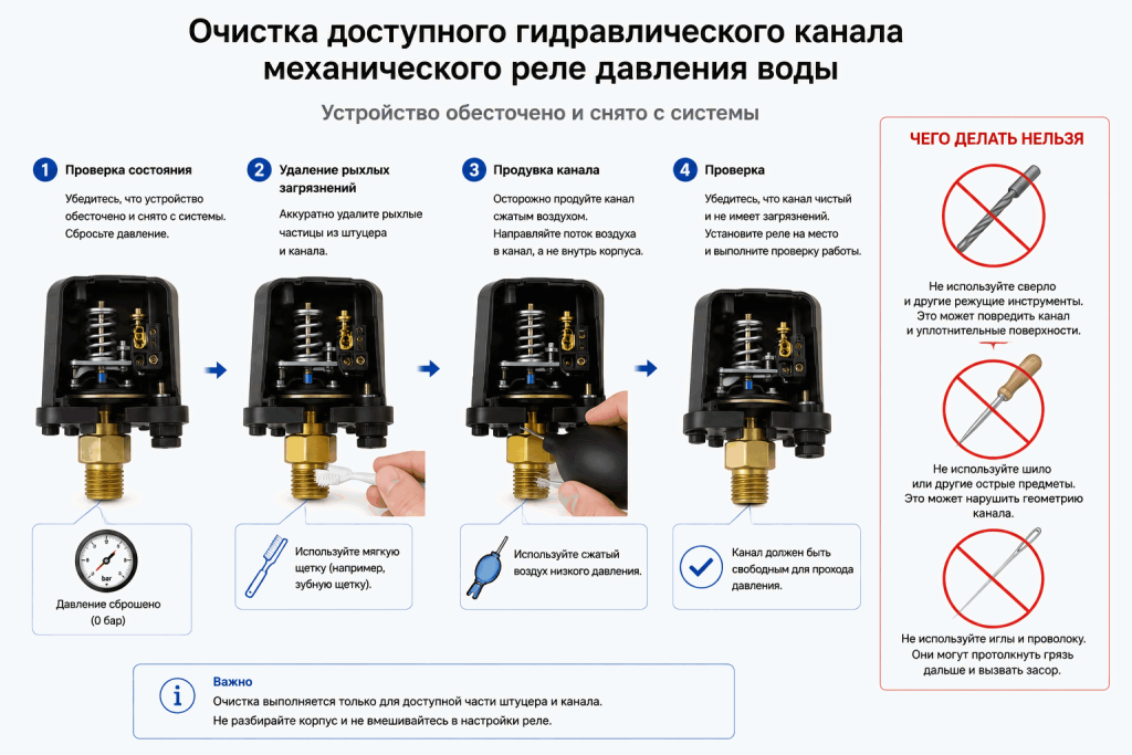 Очистка штуцера и доступного гидравлического канала механического реле давления без использования сверла и острых инструментов Очистка штуцера и доступного гидравлического канала механического реле давления без использования сверла и острых инструментов