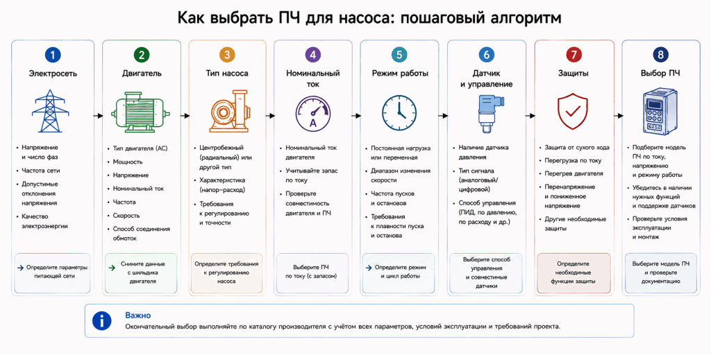 Пошаговая схема выбора частотного преобразователя для насоса по параметрам электросети, двигателя, насоса, току, режиму работы и функциям защиты