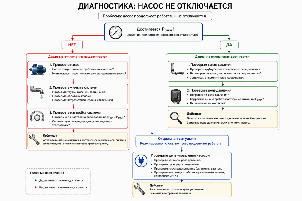 Блок-схема диагностики насоса, который не отключается: проверка Pоткл, насоса, утечек, реле давления и цепи управления Блок-схема диагностики насоса, который не отключается: проверка Pоткл, насоса, утечек, реле давления и цепи управления