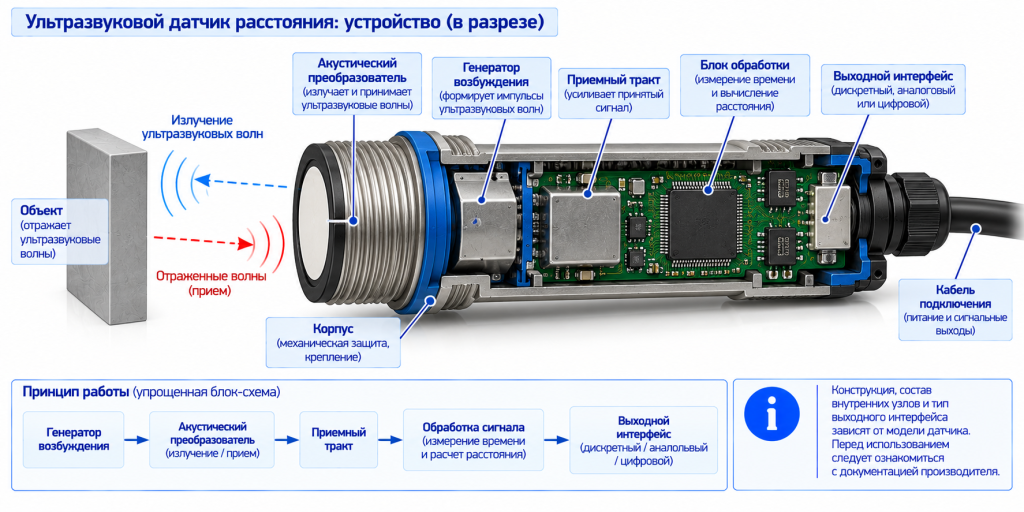 Устройство ультразвукового датчика с акустическим преобразователем и блоком обработки сигнала Устройство ультразвукового датчика с акустическим преобразователем и блоком обработки сигнала