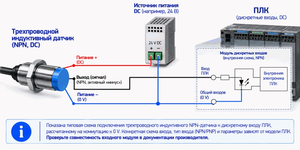 Подключение индуктивного NPN-датчика к дискретному входу ПЛК Подключение индуктивного NPN-датчика к дискретному входу ПЛК