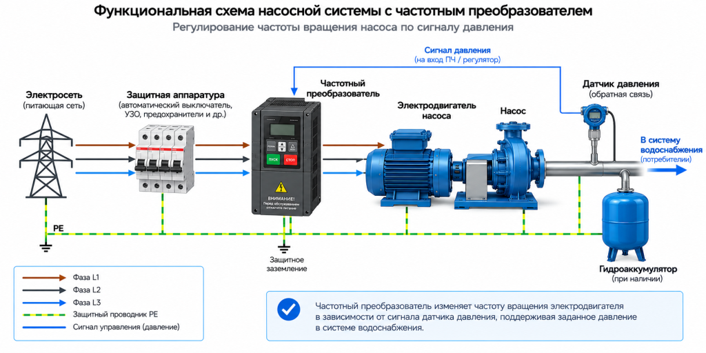 Функциональная схема насосной системы с частотным преобразователем, датчиком давления и обратной связью для поддержания давления воды Функциональная схема насосной системы с частотным преобразователем, датчиком давления и обратной связью для поддержания давления воды