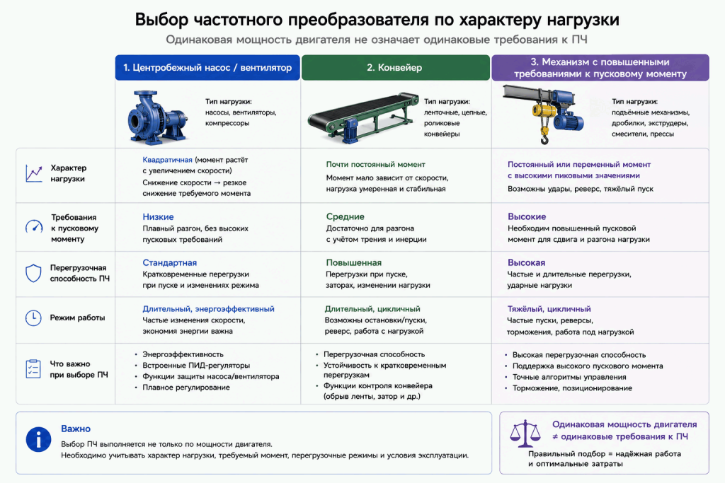 Сравнение требований к частотному преобразователю для центробежного насоса или вентилятора, конвейера и механизма с повышенным пусковым моментом Сравнение требований к частотному преобразователю для центробежного насоса или вентилятора, конвейера и механизма с повышенным пусковым моментом